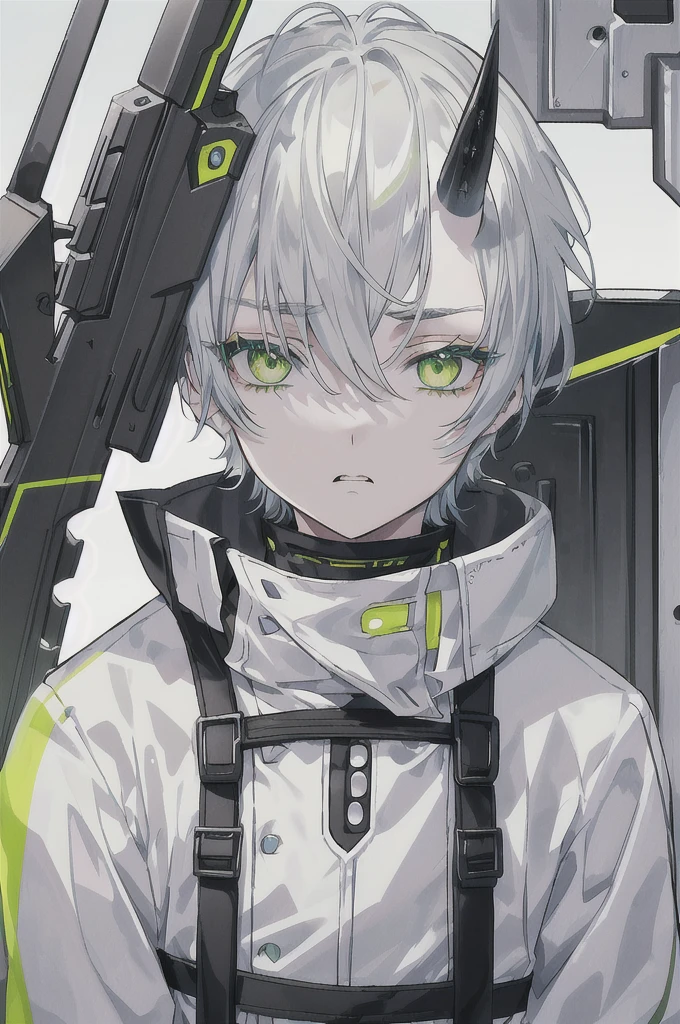 detailed、Droopy eyes、Beautiful eyelashes、Green Eyes、short hair、Gray Hair、Pure white hair color、Upper Body、8K.gun、boy、cyber-clothes、Brave face、Vibrant colors、Strong color scheme、Background Black、Flying hair、No cut-off、Vivid Color、Goat horns