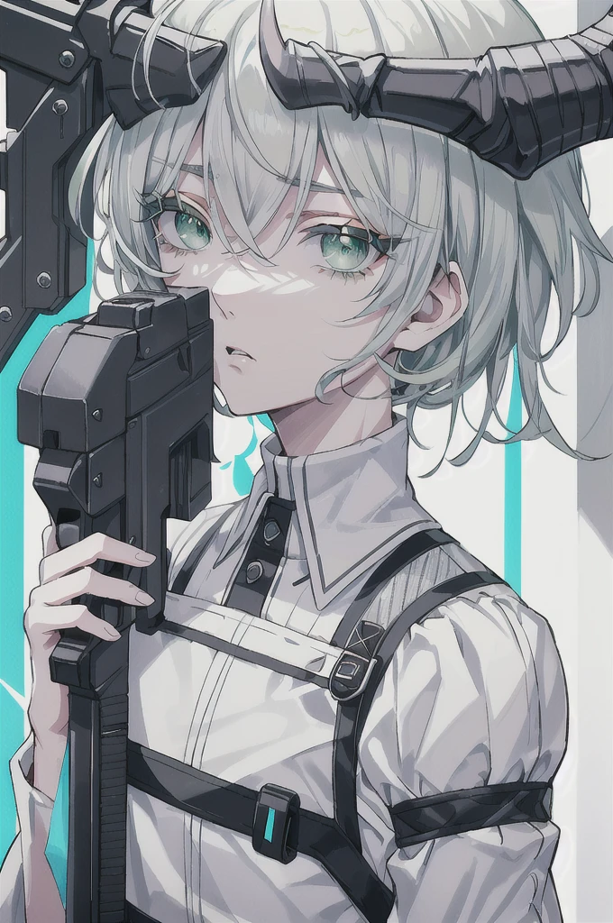 detailed、Droopy eyes、Beautiful eyelashes、Green Eyes、short hair、Gray Hair、Pure white hair color、Upper Body、8K.gun、boy、cyber-clothes、Brave face、Vibrant colors、Strong color scheme、Background Black、Flying hair、No cut-off、Vivid Color、Goat horns