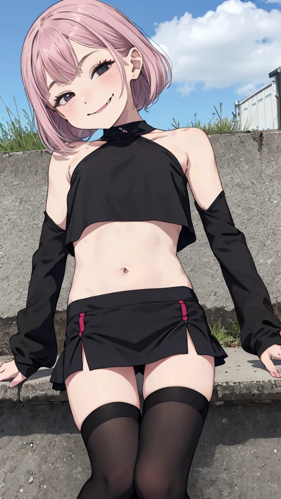 1girl,,(petite),outdoor,navel,crop top,miniskirt,looking viewer,(smirk),thighhighs,shoes,