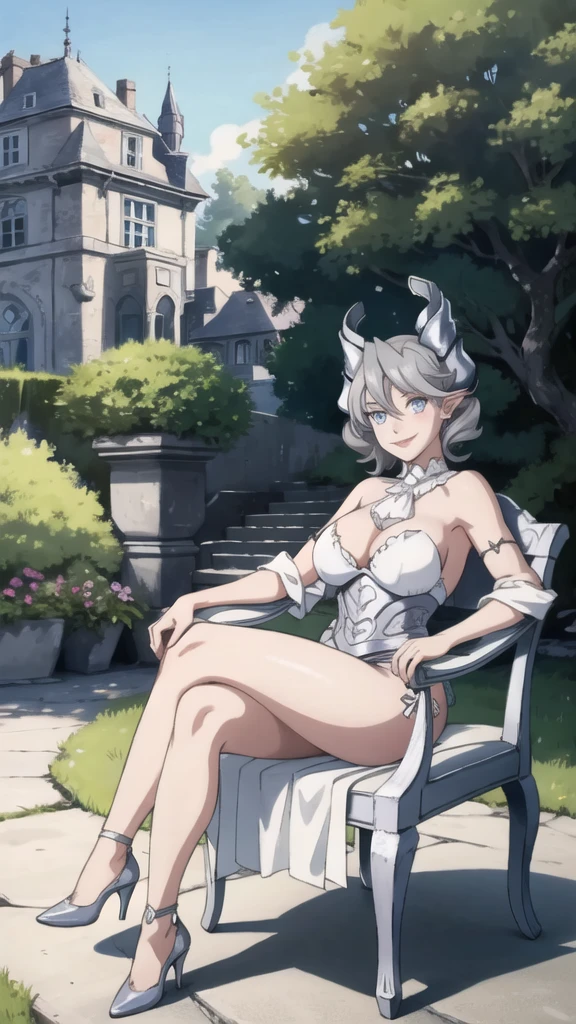 garden sun light High level image quality best image quality 8K adult woman silver castle outside more colors whole body view portrait bikini horn ears short hair((shortcut)(gray hair)(perm)(fluffy)) eye color is blue , , attractive evil face , smile , sexy pose , labrynth , barearm , wearing white , sitting on chair , crossed legs, view heels , view side