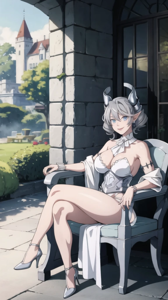 garden sun light High level image quality best image quality 8K adult woman silver castle outside more colors whole body view portrait bikini horn ears short hair((shortcut)(gray hair)(perm)(fluffy)) eye color is blue , , attractive evil face , smile , sexy pose , labrynth , barearm , wearing white , sitting on chair , crossed legs, view heels , view side