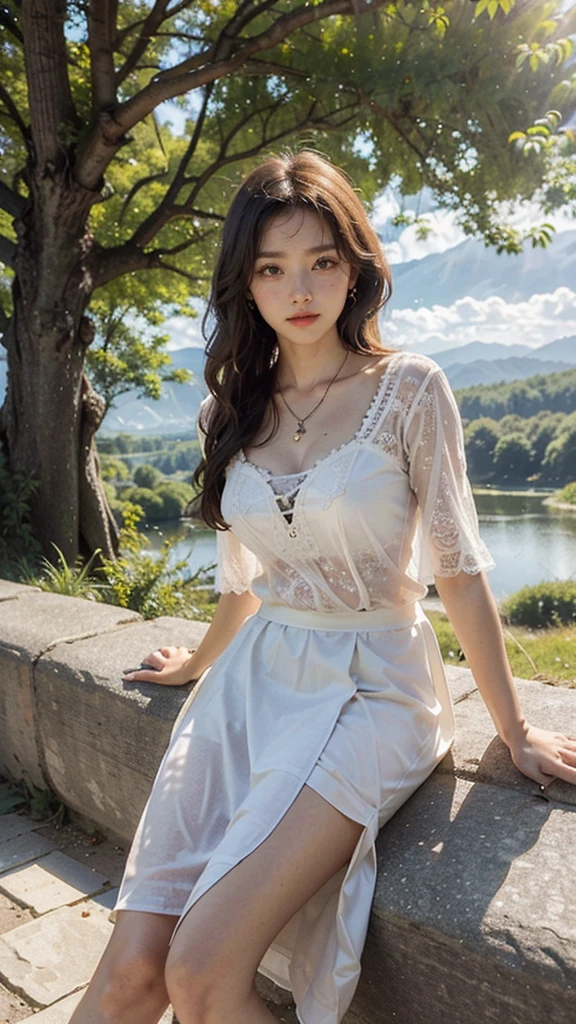 1 girl, happy expression, charming eyes, straight long hair, flowing skirt, big, looking at the sun, calm posture, porcelain-like skin, subtle blush, crystal pendant BREAK Golden Hour, (edge lighting): 1.2, cool colors, sun flare, soft shadows, bright colors, painting effects, fantastic atmosphere BREAK Scenic lakes, distant mountains, pine trees, mountain tops, reflections, sunlit clouds, tranquil atmosphere, idyllic sunrise, Ultra detailed, official art, unified 8k wallpapers, zentangle, mandala