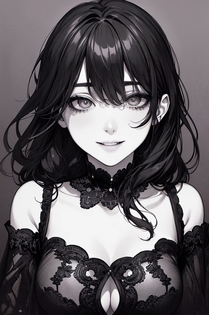 Highest quality, (Background details), High Contrast, Very beautiful woman, Detailed original illustrations、functional、Delicate face、Charm、Villainess、sexy、Real breasts、Crazy Smile, Crazy Eyes, Head close-up, Black background, (Black background: 1.5), Beautiful line art、Monochrome