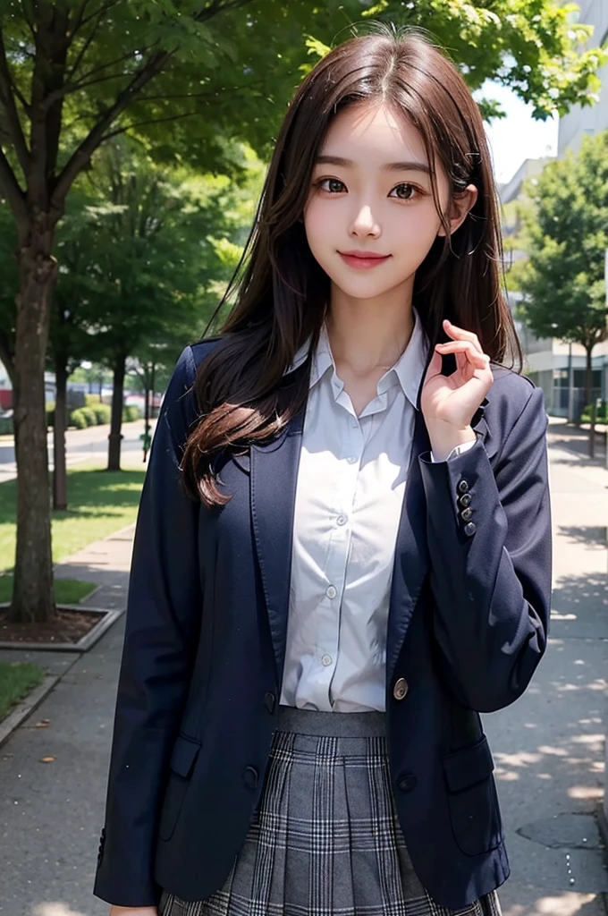 Beautiful girl、Brown Hair、Medium Hair、high school student、、Dark Blue Blazer、White shirt under blazer、huge 、Grey plaid skirt、Shade of trees in the schoolyard、smile、wave hands