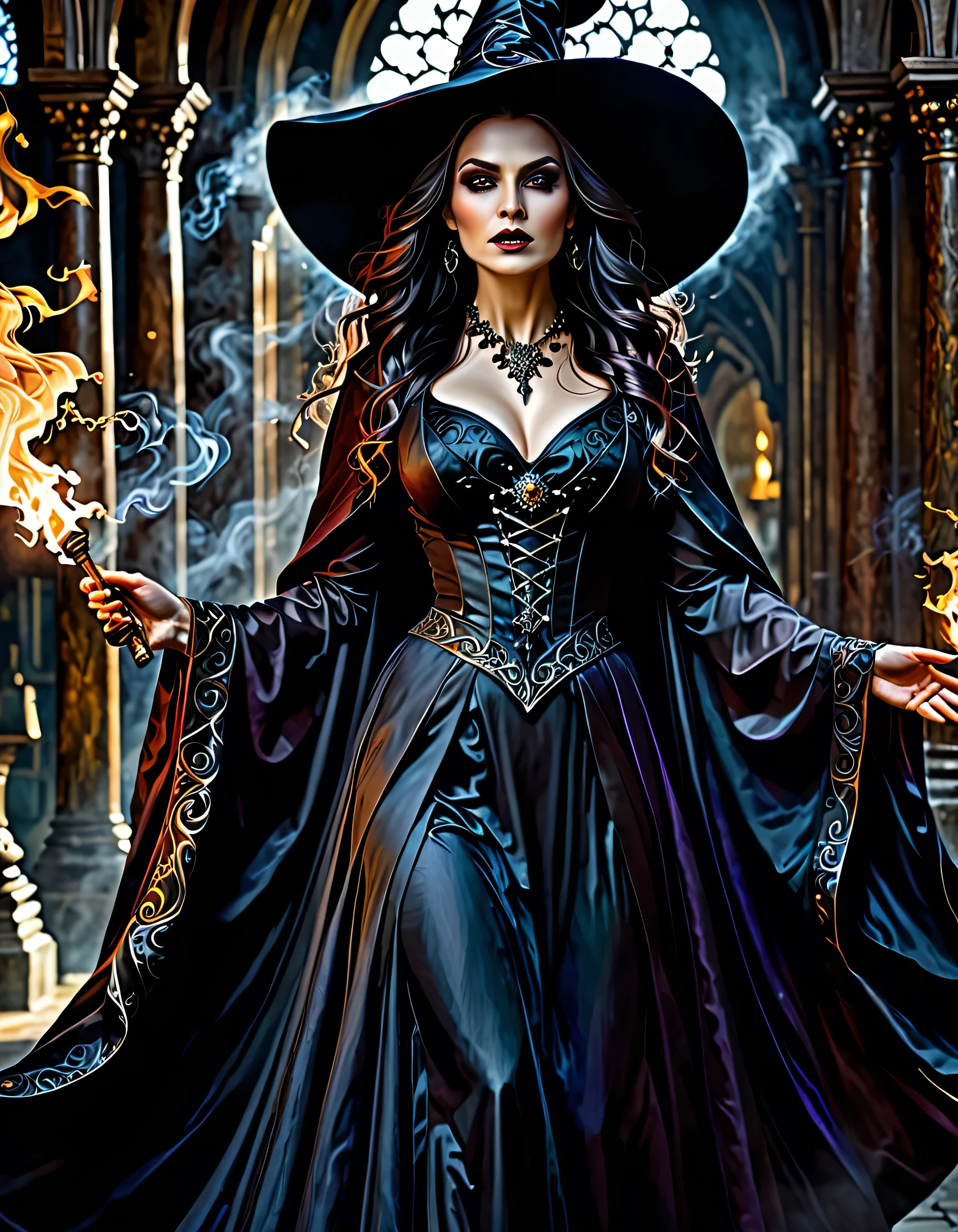 intricate gothic witch,dark flowing robes,billowing robes,commanding fiery energy,intense expression,spellbinding magic,vibrant painting,impeccable details,rich scene,dynamic pose,mystical aura,dramatic lighting,dramatic shadows,dramatic atmosphere,dark beauty,chiaroscuro,moody tones,dramatic colors,dramatic highlights,dramatic shadows,dramatic rendering,highly detailed,hyper-realistic,cinematic,masterpiece,award winning,ethereal,otherworldly,mesmerizing,captivating