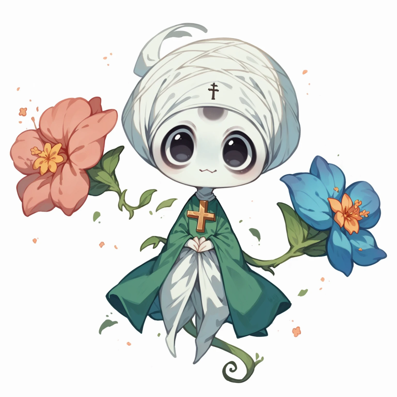 Cute flower monster, (Cestrum nocturnum in her head:1.2), big eyes, full black eyes, cleric outfit