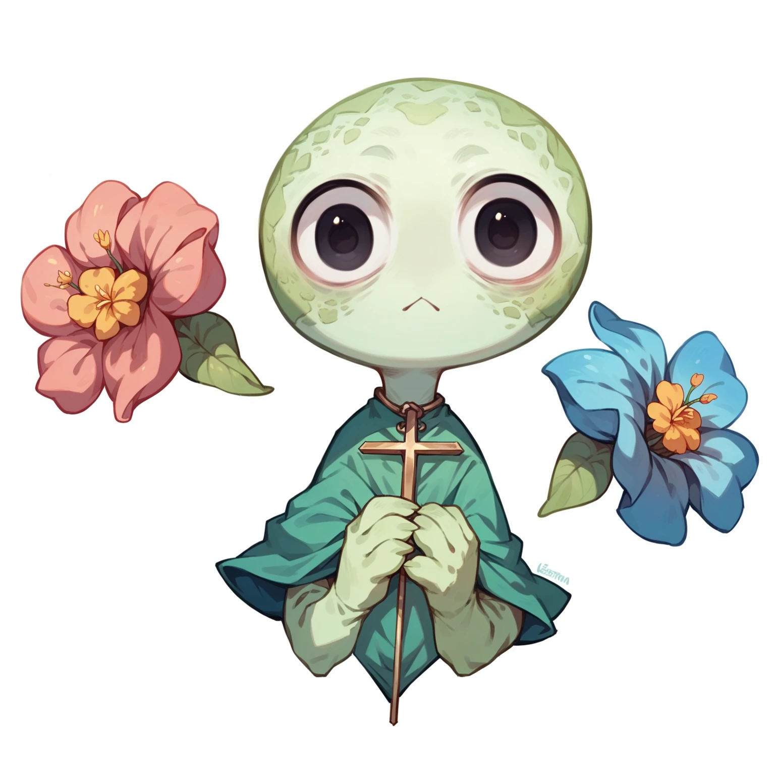 Cute flower monster, (Cestrum nocturnum in her head:1.2), big eyes, full black eyes, cleric outfit