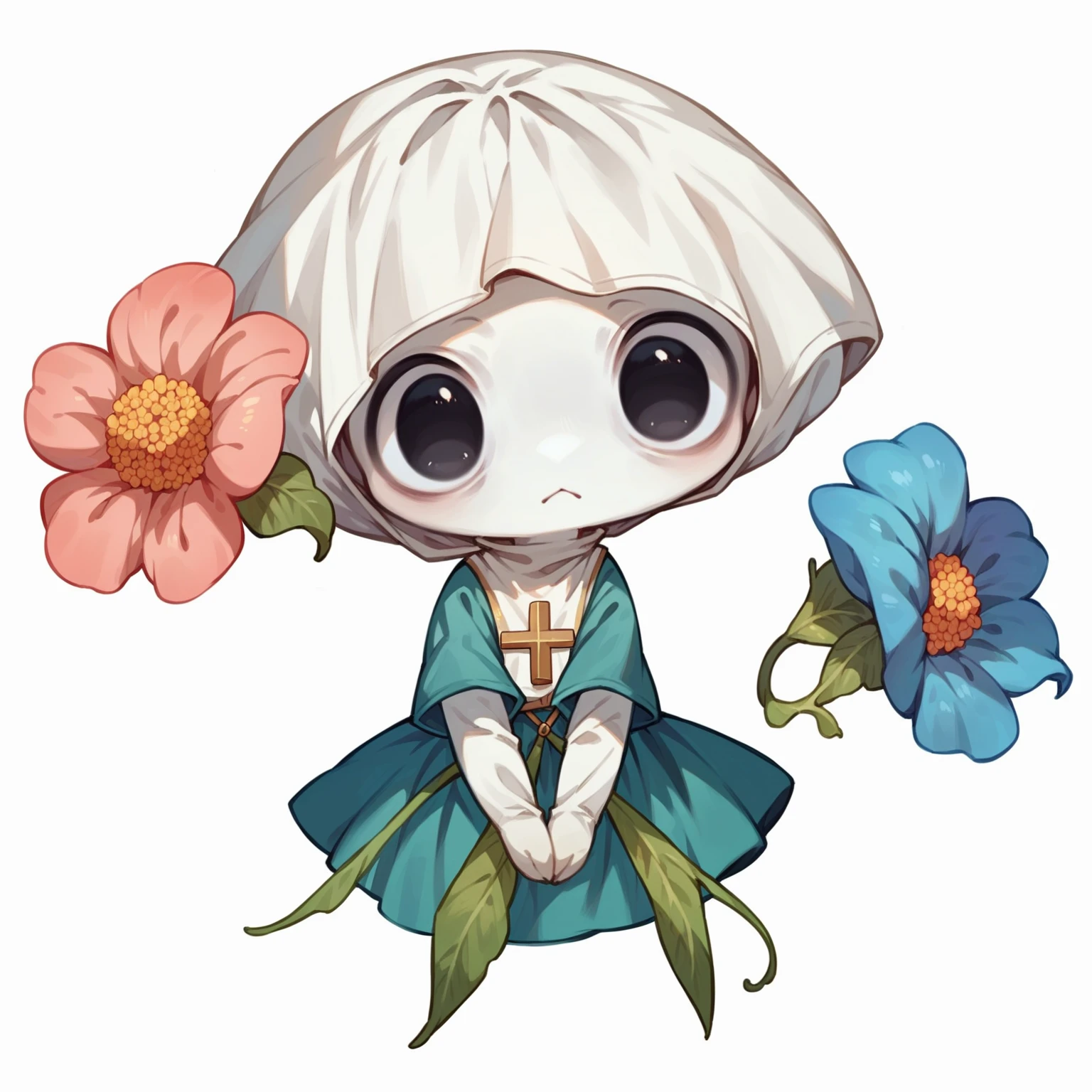 Cute flower monster, (Cestrum nocturnum in her head:1.2), big eyes, full black eyes, cleric outfit