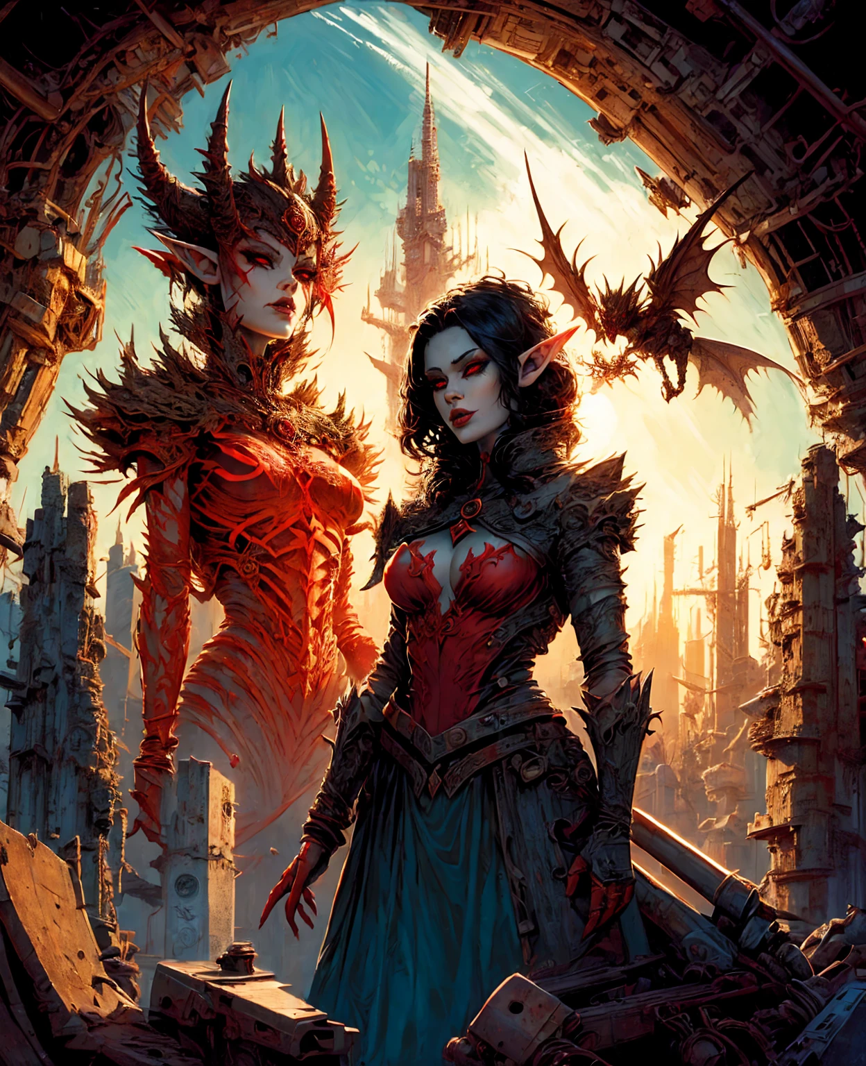 a devilish woman with black hair, pale skin, and red eyes, wearing an elf-like costume, in a dark and mysterious setting,