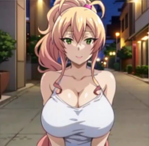 1 Female, alone,Yukana Yame,((nude)), ((Huge boobs)), Slim waist, Outdoor, City of night, ((Big Breasts)), Blonde, Green Eyes, ponytail, smile, White tank top, Shorts, Open your mouth, View with camera, close,Big Breasts, Medium Waist, Wide Hips, Medium thighs, Cleavage