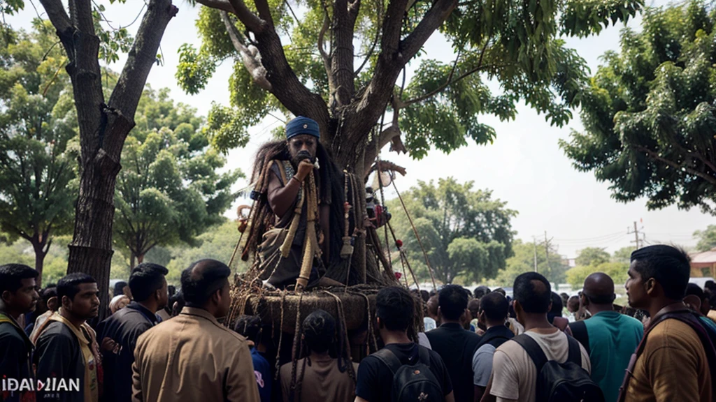 An indian old monk's dreadlocks got entangled in a tree, so many people standing around and talking with him