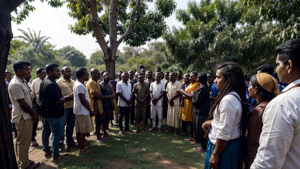 An indian old monk's dreadlocks got entangled in a tree, so many people standing around and talking with him