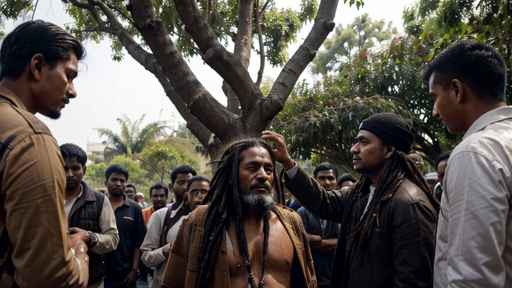 An indian old monk's dreadlocks got entangled in a tree, so many people standing around and talking with him