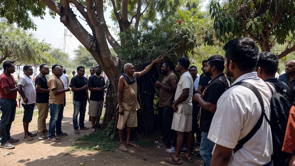 An indian old monk's dreadlocks got entangled in a tree, so many people standing around and talking with him