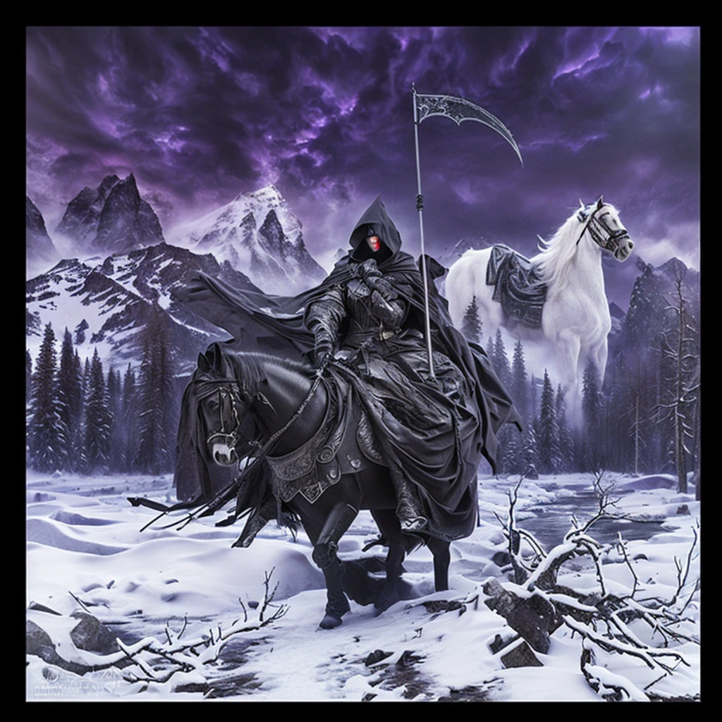 The figure of Death riding a black horse, dressed in a dark robe and a hood that hides his face, creating a sinister and mysterious appearance. With her right hand she holds an hourglass on the horse's back, symbolizing the passage of time. In her left hand she raises a large scythe, adding an air of imminence and doom. The setting is a winter landscape, with snow-capped mountains and dark trees rising against a sky covered in turbulent, purple clouds. The ground is covered in snow and ice, with fallen branches and a frozen river in the foreground. The atmosphere is cold and desolate, reinforcing the feeling of darkness and loneliness that emanates from the central character, ultra realistic, intricate details, masterpiece, 8k, photoshop, unreal engine 5, Horseman of the Apocalypse,pencil sketch,Landskaper