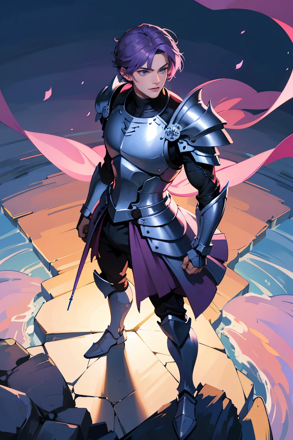 masterpiece, best quality, ultra-detailed, full body, in the middle, look down from above, castle, morning, spring, a handsome man, man, solo, warrior, beautiful purple hair, beautiful light blue eyes, beautiful eyes, short hair, light smile,entire body,standing,Pink knight's armor,powerful,muscularity