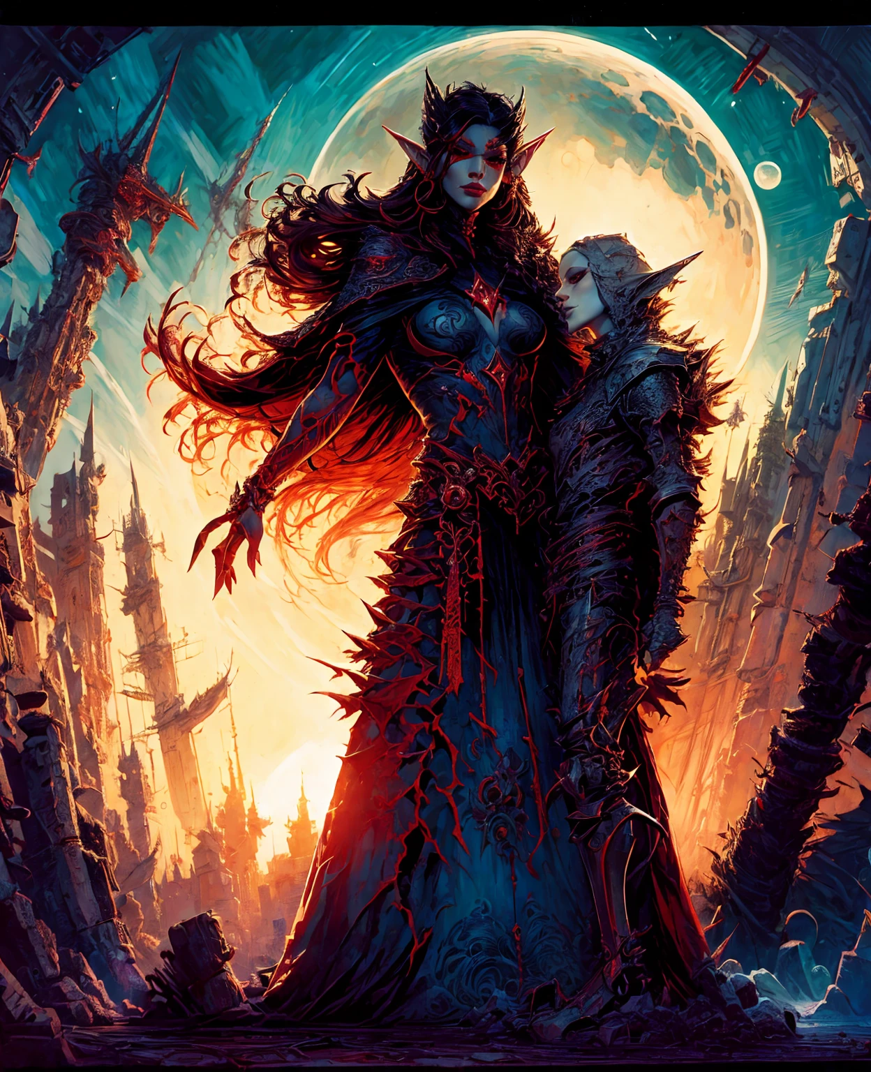 a devilish woman with long black hair, pale skin, piercing red eyes, wearing an elaborate elf-like costume, in a dark and mysterious setting, (best quality,4k,8k,highres,masterpiece:1.2),ultra-detailed,(realistic,photorealistic,photo-realistic:1.37),dark fantasy, dramatic lighting, moody atmosphere, intricate details, chiaroscuro, dramatic pose
