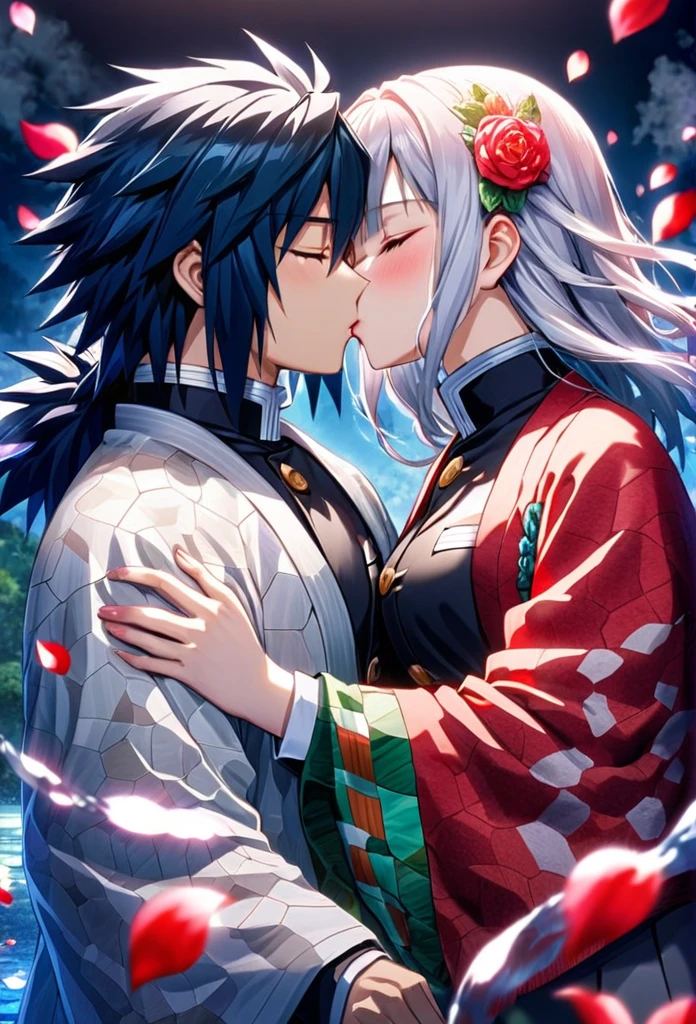 Ultra detailed, highres, absurdres, HDR, master piece, anime girl, pretty woman, white long hair with red streaks, eyes closed, girl with red haori, black demon slayer uniform, Kimetsu No Yaiba, fantasy, petals, red flowers, pretty, Tomioka Giyu, Water Hashira, men using Tomioka Giyu haori, kiss, romance, magic, moon, best quality, extremely detailed face, love, kissing with closed eyes, romance, anime, they are realy in love