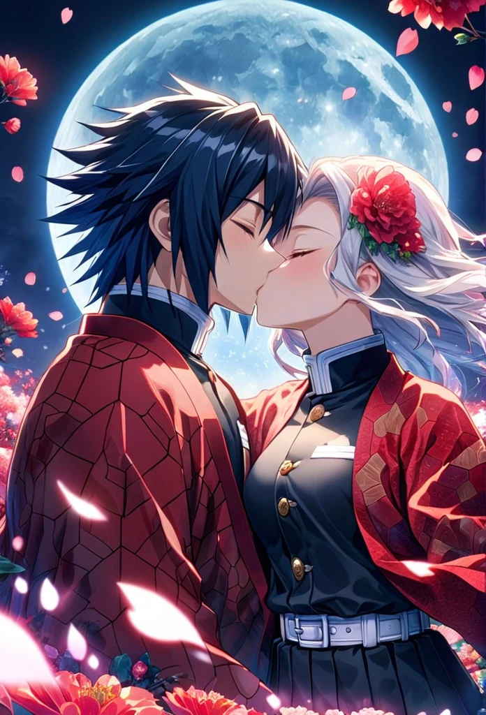 Ultra detailed, highres, absurdres, HDR, master piece, anime girl, pretty woman, white long hair with red streaks, eyes closed, girl with red haori, black demon slayer uniform, Kimetsu No Yaiba, fantasy, petals, red flowers, pretty, Tomioka Giyu, Water Hashira, men using Tomioka Giyu haori, kiss, romance, magic, moon, best quality, extremely detailed face, love, kissing with closed eyes, romance, anime, they are realy in love