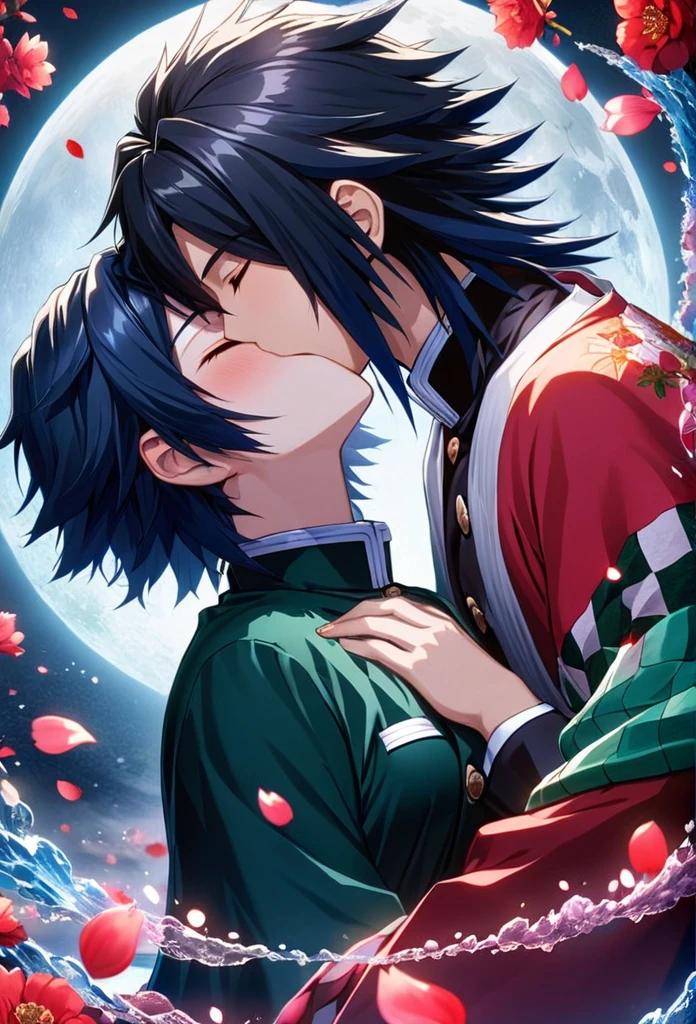 Ultra detailed, highres, absurdres, HDR, master piece, anime girl, pretty woman, white long hair with red streaks, eyes closed, girl with red haori, black demon slayer uniform, Kimetsu No Yaiba, fantasy, petals, red flowers, pretty, Tomioka Giyu, Water Hashira, men using Tomioka Giyu haori, kiss, romance, magic, moon, best quality, extremely detailed face, love, kissing with closed eyes, romance, anime, they are realy in love