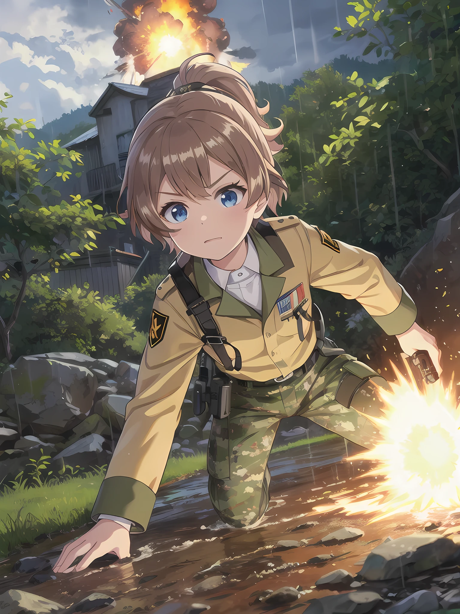 high quality,masterpiece,,blue eyes,Outdoor,顔 focus,Brown Hair, short hair, ponytail,Military camouflage uniform,Green helmet,heavy rain,In the mountains,cloudy,Muddy clothes,He has a gun,Crawling on the ground,Point the gun this way,serious,Ruthless eyes,Intense gunfight,((Massive explosion)),A lot of black smoke,