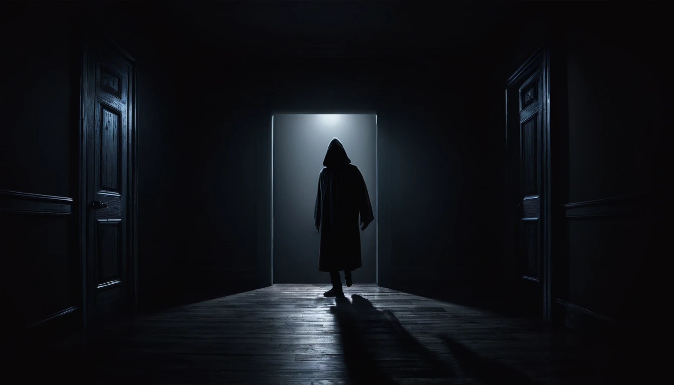 Create a digital artwork for a podcast thumbnail titled 'Home Invasion Horror Stories | Horror Stories Compilation'. The scene should depict a dark, ominous house with a partially open door, casting a faint light into the darkness. In the foreground, include a shadowy figure standing menacingly. Use a dark color palette with eerie lighting to evoke a sense of fear and suspense. The title text should be bold and dramatic, standing out against the ominous background.