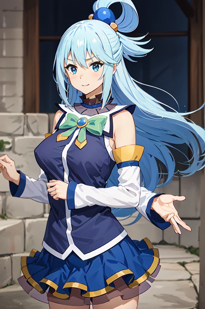 masterpiece, best quality, 1girl, solo,
Aqua, /(Konosuba/),
long hair, blue hair, hair rings,
hair ornament, choker, bare shoulders, green bow, blue shirt, detached sleeves, blue skirt, thighhighs