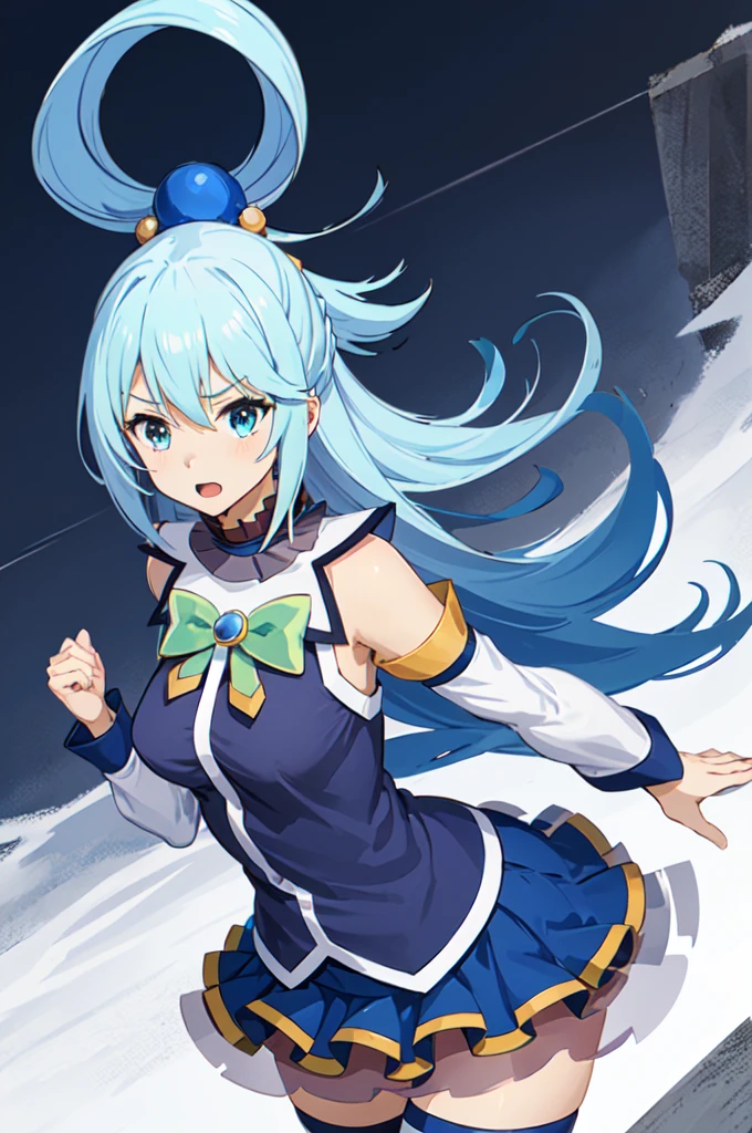 masterpiece, best quality, 1girl, solo, 
Aqua, /(Konosuba/),
long hair, blue hair, hair rings,
hair ornament, choker, bare shoulders, green bow, blue shirt, detached sleeves, blue skirt, thighhighs
