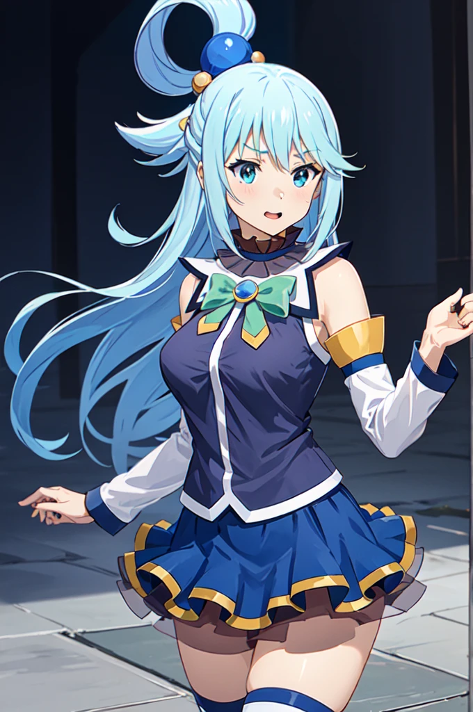 masterpiece, best quality, 1girl, solo,
Aqua, /(Konosuba/),
long hair, blue hair, hair rings,
hair ornament, choker, bare shoulders, green bow, blue shirt, detached sleeves, blue skirt, thighhighs
