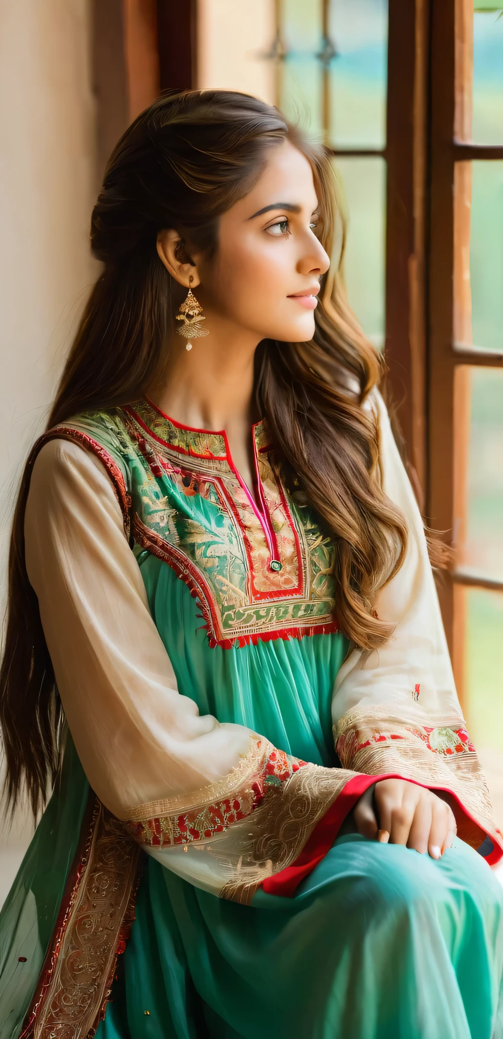 A young, beautiful girl sits gracefully by a window, enveloped in soft, natural light. She wears a traditional Pakistani dress, its intricate embroidery and vibrant colors reflecting her cultural heritage. Her hair falls gently over her shoulders as she gazes thoughtfully outside, embodying a serene and elegant presence.