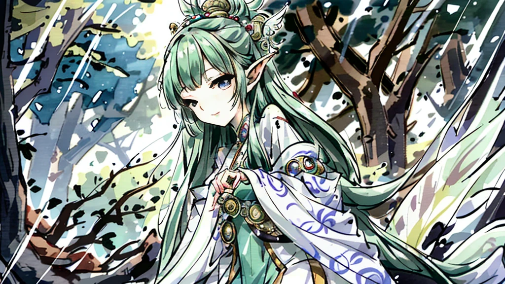 Under the protective cover of a majestic old oak tree, a young elf girl sleeps peacefully. Her silver hair spreads like a sparkling stream across the carpet of green moss, framing her delicate face. She is dressed in a light silk dress, emerald green in color, dotted with floral patterns that seem to dance in the light of the stars. Her pointy ears protrude gracefully from her hair, testifying to her elven heritage. A serene smile floats on her pink lips, while her thin eyelids hide deep blue eyes. All around her, the forest is plunged into an enchanting silence, disturbed only by the gentle murmur of the wind and the distant song of an owl. The fireflies float gently around his sleeping body, creating a magical, ethereal aura, as if time itself had decided to slow down to preserve this moment of pure tranquility.