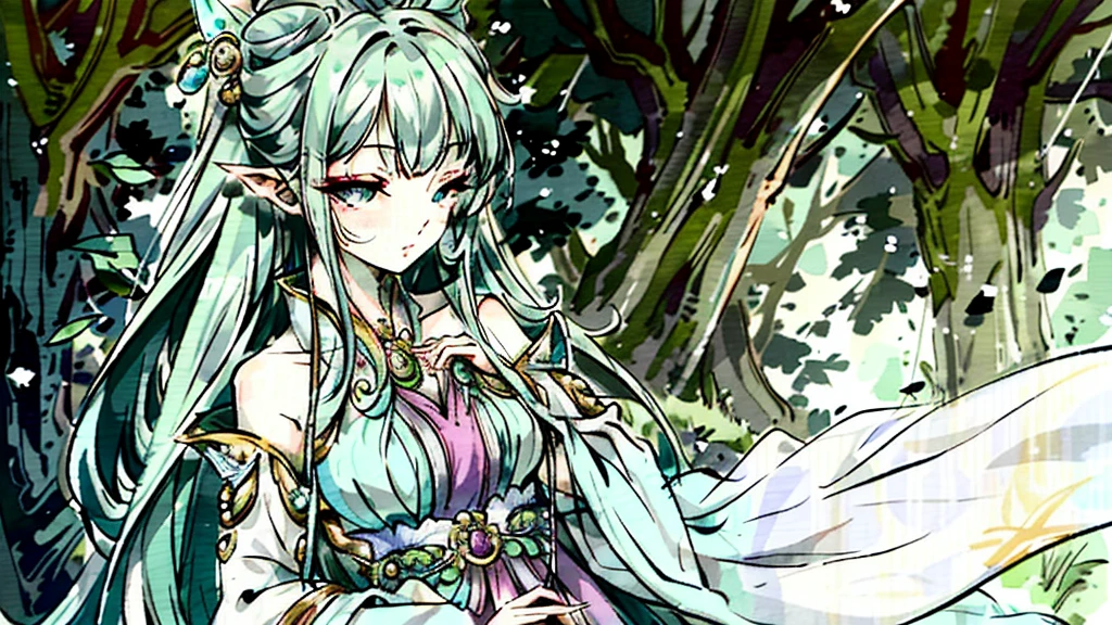 Under the protective cover of a majestic old oak tree, a young elf girl sleeps peacefully. Her silver hair spreads like a sparkling stream across the carpet of green moss, framing her delicate face. She is dressed in a light silk dress, emerald green in color, dotted with floral patterns that seem to dance in the light of the stars. Her pointy ears protrude gracefully from her hair, testifying to her elven heritage. A serene smile floats on her pink lips, while her thin eyelids hide deep blue eyes. All around her, the forest is plunged into an enchanting silence, disturbed only by the gentle murmur of the wind and the distant song of an owl. The fireflies float gently around his sleeping body, creating a magical, ethereal aura, as if time itself had decided to slow down to preserve this moment of pure tranquility.