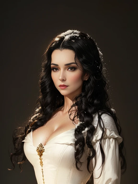 arafed woman in a white dress posing for a picture, promotional still, furious dark haired women, promo still, fantasy!!!, snow white, promotional images, her black hair is a long curly, hot, milf, mature woman