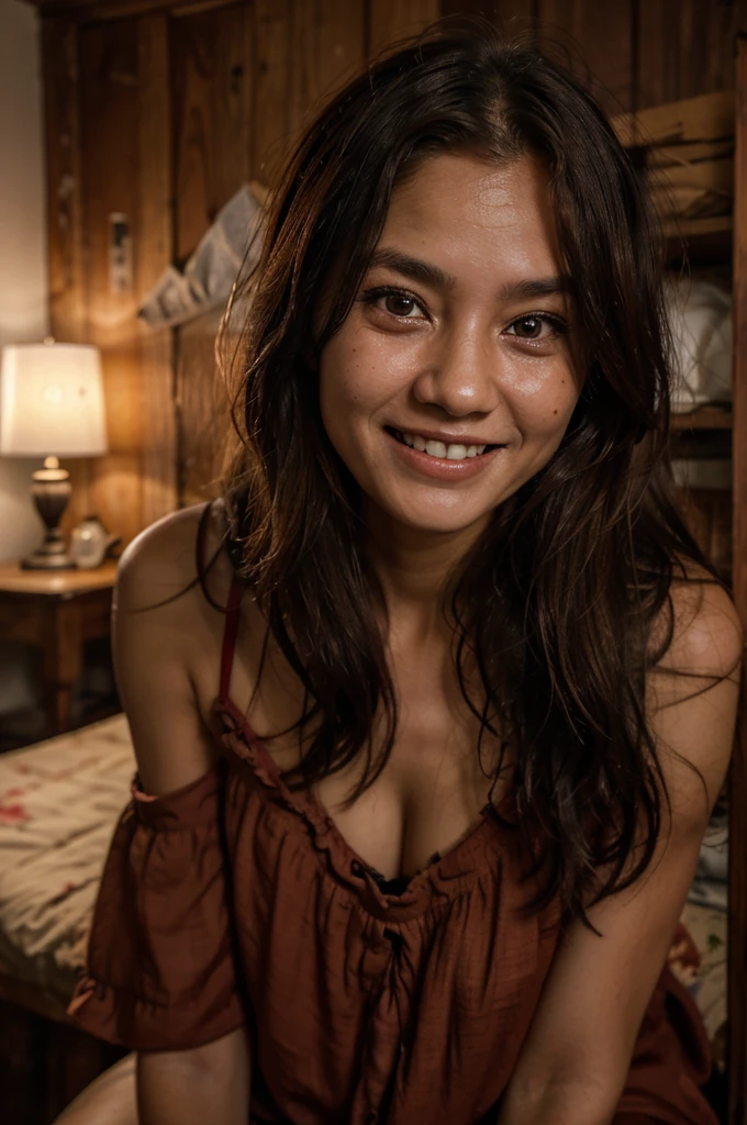 eks dengan kamera
a woman wearing a dirty and shabby red dress, long messy hair, with a scary smiling face, sunken eyes, the wrinkles on her face are prominent, sitting on a wooden wardrobe in the room, dim lighting, ultra hd 8k