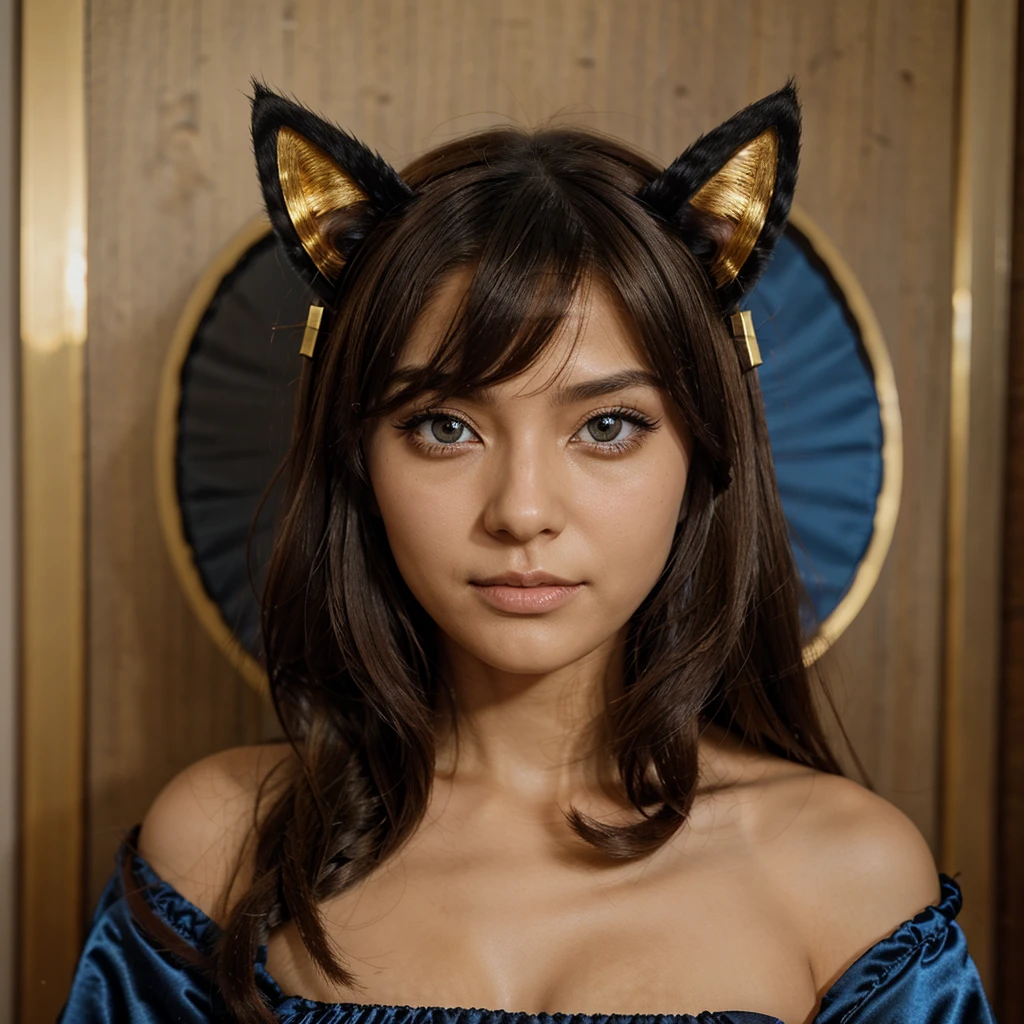 Tafah, Best quality, High accuracy, Amazake, (Antenna hair:1.2), Intermediate Seasons, Brown hair, blue eyes, black-golden fancy dress, cat mask over the eyes