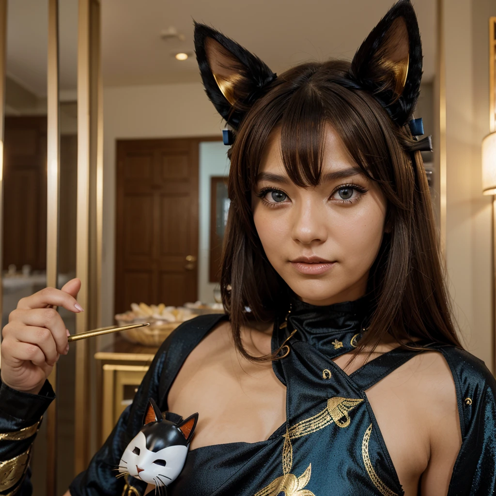 Tafah, Best quality, High accuracy, Amazake, (Antenna hair:1.2), Intermediate Seasons, Brown hair, blue eyes, black-golden fancy dress, cat mask over the eyes