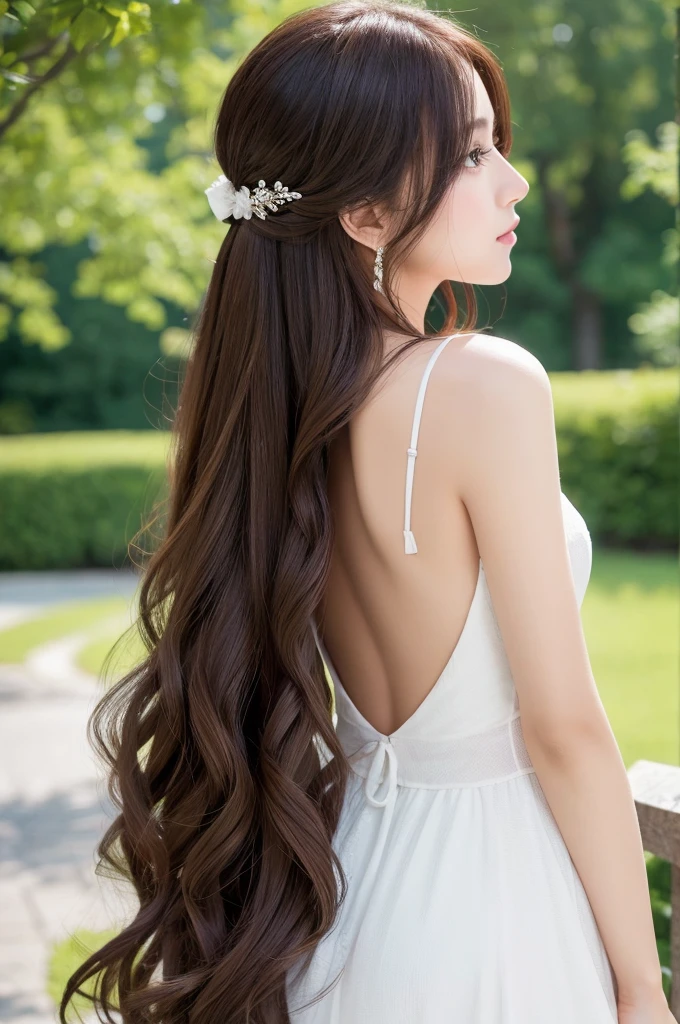 A woman with beautiful hair、Only hair、Back view、photograph、high resolution、straight、natural、White background、Smooth、Fluttering