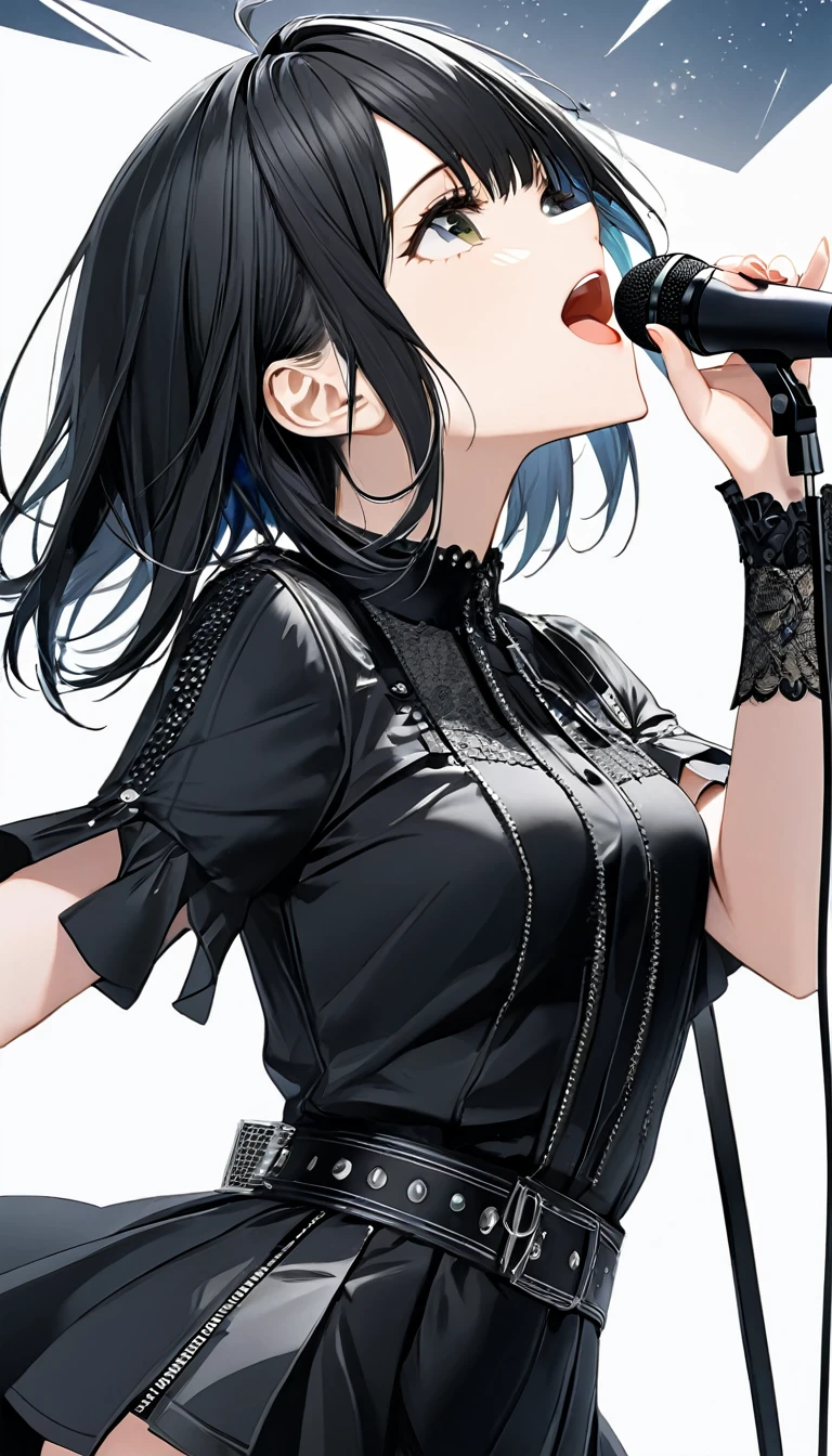 (((White background:1.2)))、(masterpiece、Ultra HD、high quality、４K)、(Scandinavian gothic metal girl holding a microphone and singing with her mouth open), (((very wide shot:1.2))),Highly detailed eyes, Detailed hand and fingers、Short black hair、Black Gothic Dress、Stylish outfit,Shorts、Dynamic pose、Dynamic、(profile)、（Grab the microphone）、smile,(((Look up to the sky:1.2)))