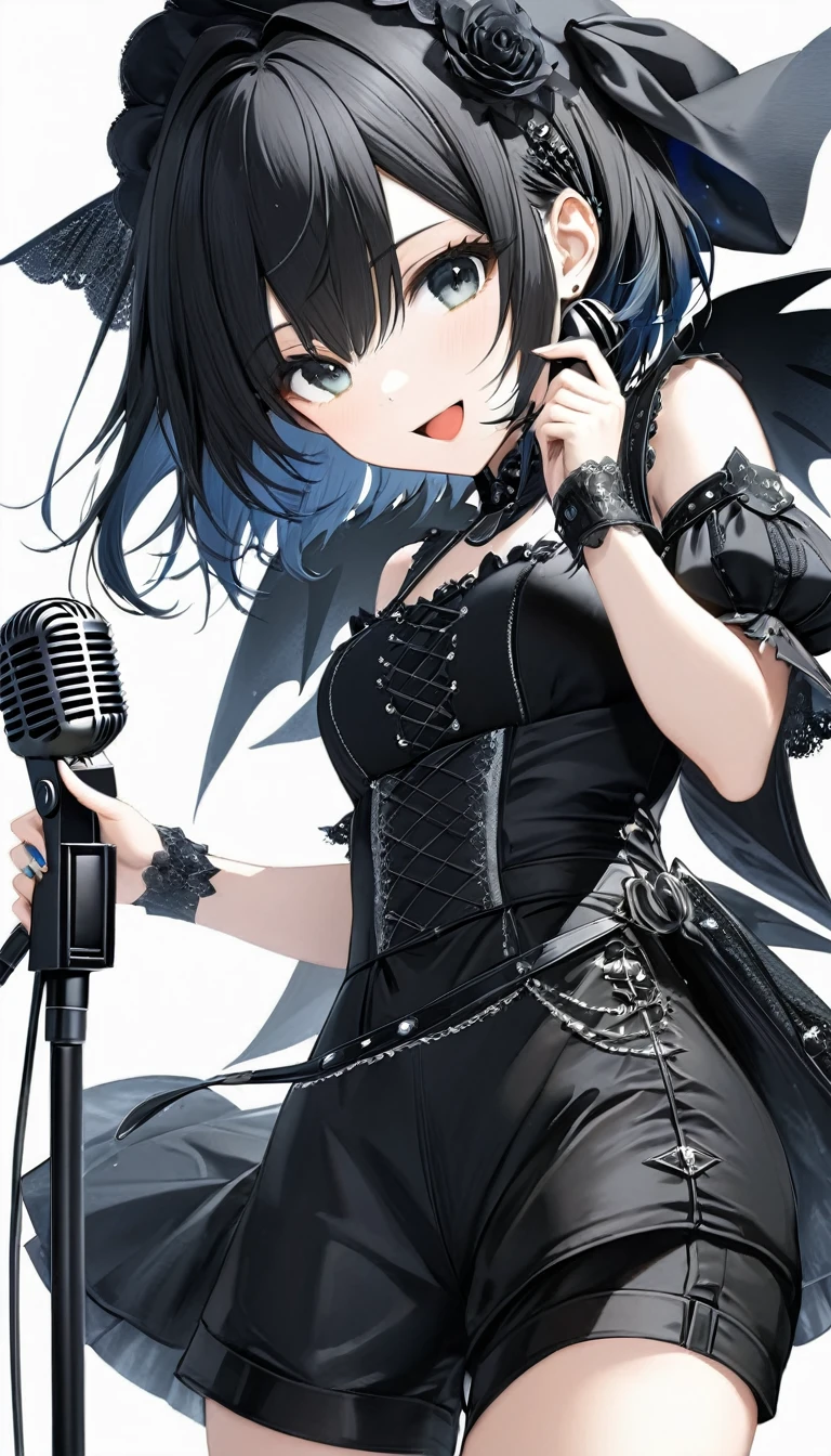 (((White background:1.2)))、(masterpiece、Ultra HD、high quality、４K)、(Scandinavian gothic metal girl holding a microphone and singing with her mouth open), (((very wide shot:1.2))),Highly detailed eyes, Detailed hand and fingers、Short black hair、Black Gothic Dress、Stylish outfit,Shorts、Dynamic pose、Dynamic、(profile)、（Grab the microphone）、smile,(((Look up to the sky:1.2)))