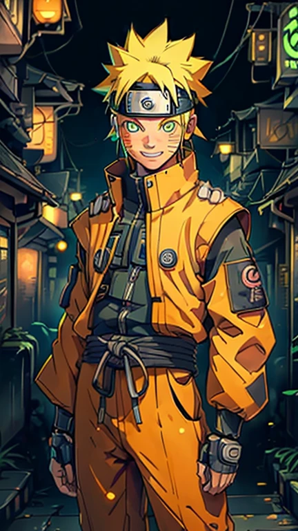 best quality,masterpiece,1boy,solo,(((13years old))),japanese boy,an extremely cute and handsome boy,highly detailed beautiful face and eyes,petit,cute face,lovely face,baby face,shy smile,show teeth, Yellow hair,flat chest,skinny,slender,(((Wearing a Uzumaki Naruto costume))),(((standing in Dark Midnight Neon Glow light Cyberpunk Konoha Village))),he is looking at the viewer,