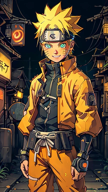 best quality,masterpiece,1boy,solo,(((13years old))),japanese boy,an extremely cute and handsome boy,highly detailed beautiful face and eyes,petit,cute face,lovely face,baby face,shy smile,show teeth, Yellow hair,flat chest,skinny,slender,(((Wearing a Uzumaki Naruto costume))),(((standing in Dark Midnight Neon Glow light Cyberpunk Konoha Village))),he is looking at the viewer,