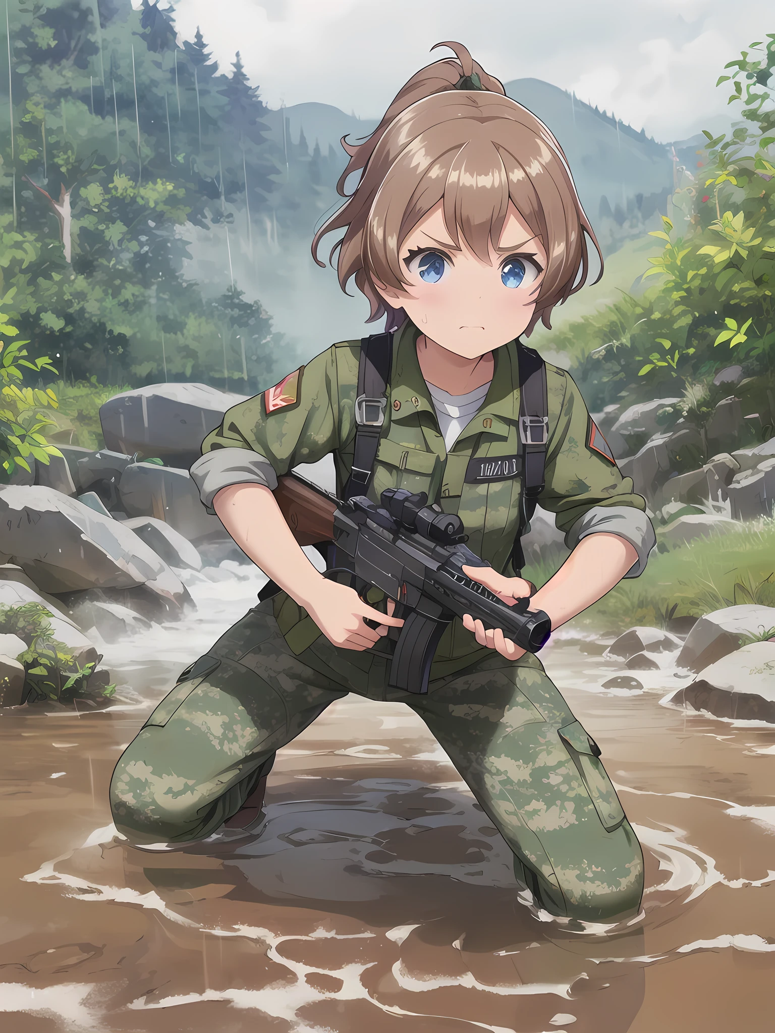 high quality,masterpiece,************,blue eyes,Outdoor,顔 focus,Brown Hair, short hair, ponytail,Military camouflage uniform,Green helmet,heavy rain,In the mountains,cloudy,Muddy clothes,He has a gun,Crawling on the ground,Point the gun this way,serious,Ruthless eyes,Intense gunfight,((Massive explosion)),A lot of black smoke,