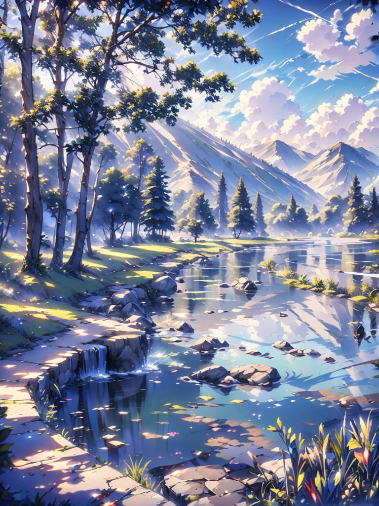 ((Highest quality)), ((masterpiece)), (detailed), Highest quality、High resolution、８K、One adult male、33 years old、Dark Eyes、Black Hair、Standing on the right side, the left side is empty、Midsummer Japanese landscape、blue sky、White cloud、Riverbank、She is wearing a white tank top, beige pants and sandals.、Japanese anime-like style、超High resolutionかわいい萌えアニメ8k、handsome face manly、undercut、Fake Hawk、 Slender and muscular、Glasses