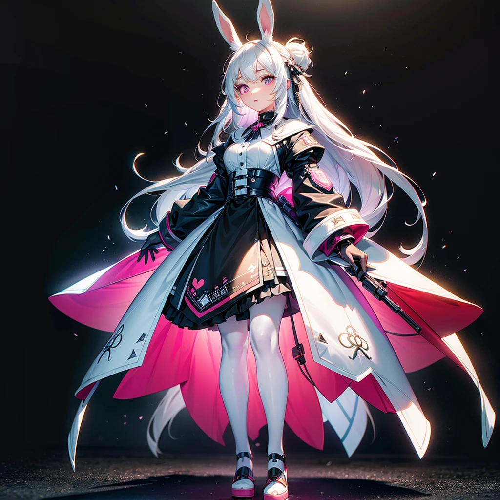 Handsome face、Dynamic configuration、((Perspective Lens, Woman with long milky white hair, Dynamic pose with a calm expression, Holding something large with both hands, Stuffed rabbit )) ((Pure Black Background:1.2)),Anime Style、detailedな目、Early 20s,Shooting on the move,Her long braided hair sways. Her outfit is reminiscent of Gothic ta,Black and pink color palette,Playful.,Neon color line fractal art、Super huge、whole body、detailed、