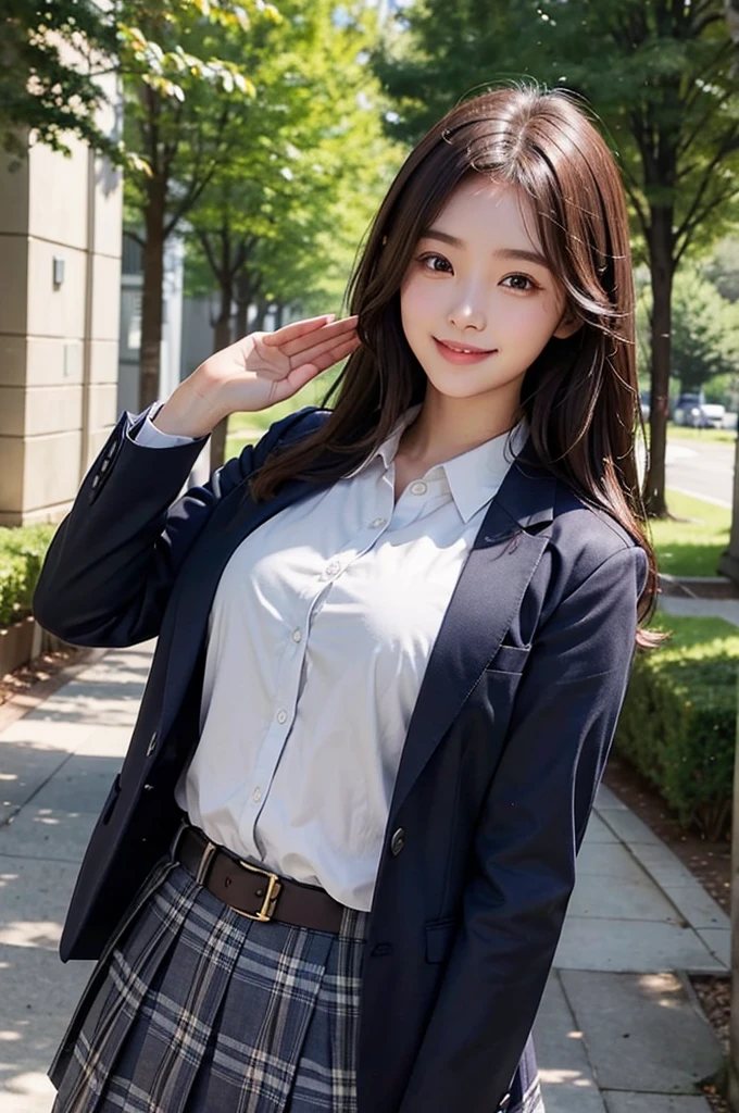 Beautiful girl、Brown Hair、Medium Hair、high school student、、Dark Blue Blazer、White shirt under blazer、huge 、Grey plaid skirt、Shade of trees in the schoolyard、smile、wave hands