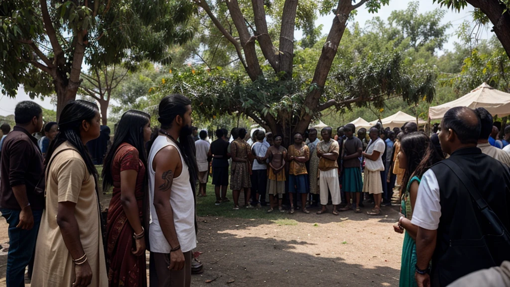 An indian old monk's dreadlocks got entangled in a tree, so many people standing around and talking with him
