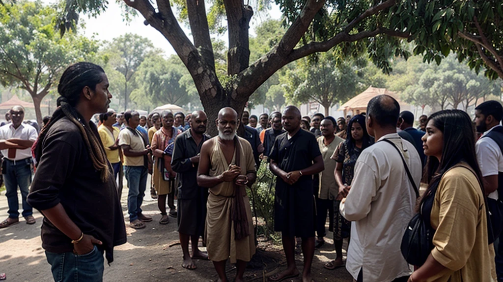 An indian old monk's dreadlocks got entangled in a tree, so many people standing around and talking with him