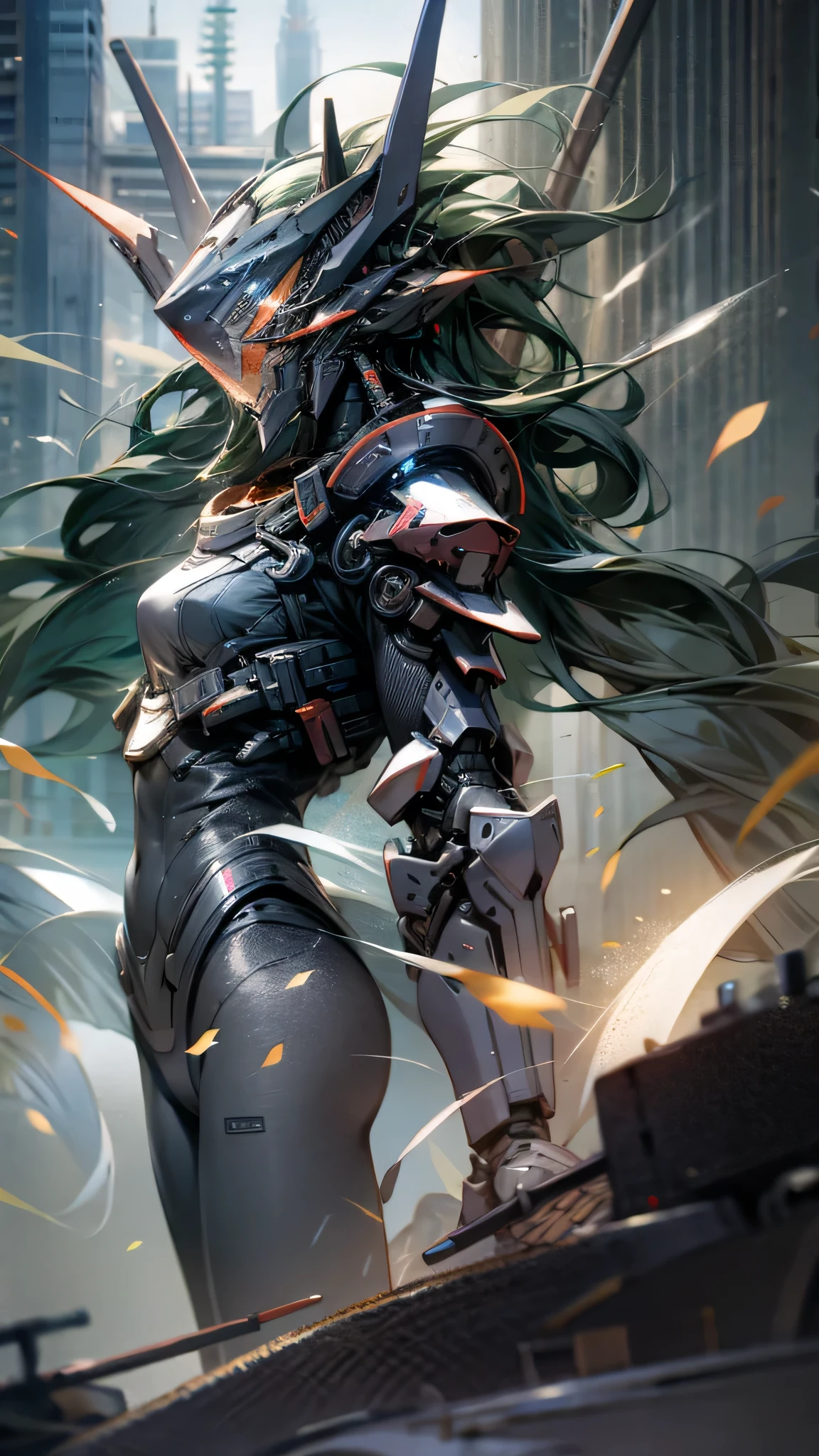 最high quality、Best image quality、masterpiece、Giant Mecha((Humanoid、Black body、Assault rifle、Body Armor))high quality、Beautiful art、background((City)),Tabletop、Exquisite design、Visual Arts、Depth of written boundary、Best lighting、Highest detail、8k
