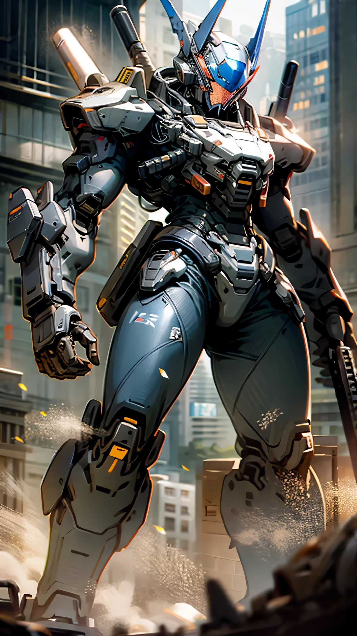 最high quality、Best image quality、masterpiece、Giant Mecha((Humanoid、Black body、Assault rifle、Body Armor))high quality、Beautiful art、background((City)),Tabletop、Exquisite design、Visual Arts、Depth of written boundary、Best lighting、Highest detail、8k