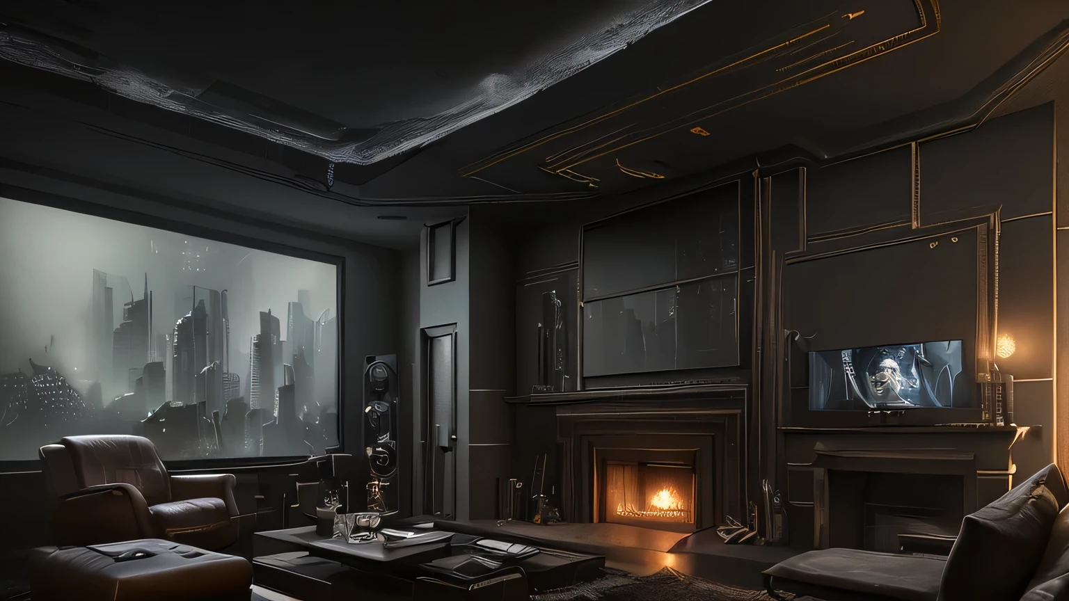 There is a living room with a fireplace and a TV., Dystopia City Apartment, Unreal Engine Rendering Concept Art, Cinematic Rendering Unreal Engine, Photorealistic cinematic rendering, Detailed cinematic rendering, Photorealistic dark concept art, Cyberpunk Apartment, Realistic Cinematic Lighting, Unreal Engine realistic rendering, Ultra-realistic concept art, Hyperrealistic Cyberpunk Style, Dark cinema lighting